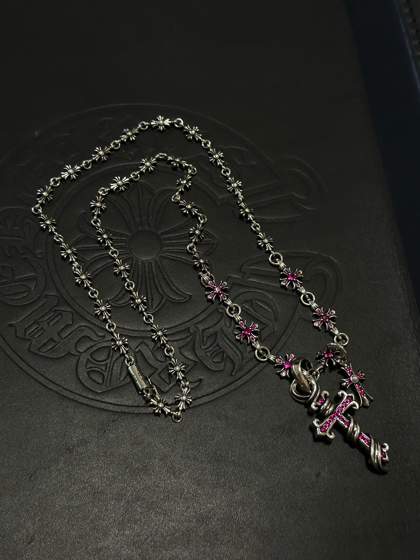 Chrome Hearts Silver Cross Pendant Necklace with Pink Crystals